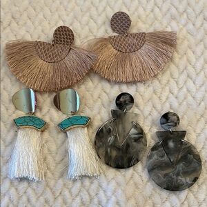Fashion Earrings 3 sets Tan fringe Turquoise White Black Gray Dangle